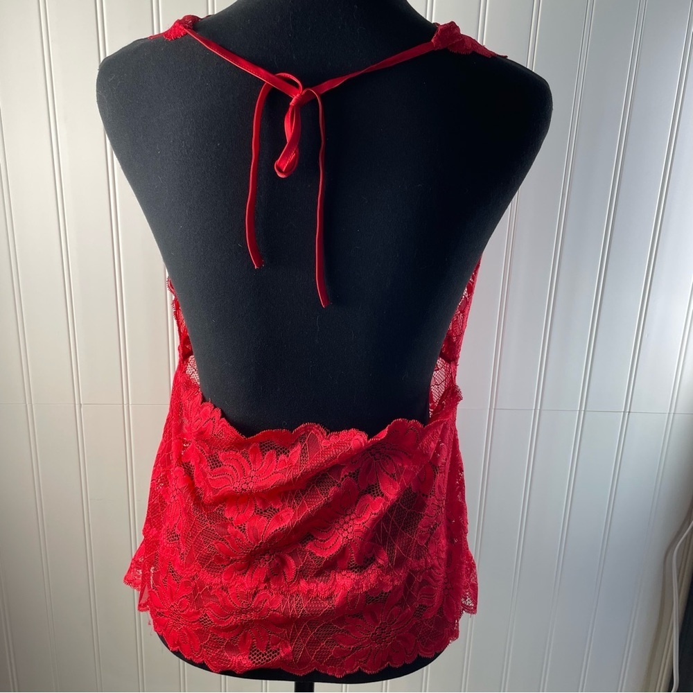 Fredericks of Hollywood Red Sheer Floral Lace Halter Chemise 2X Scalloped Edge - Picture 3 of 9